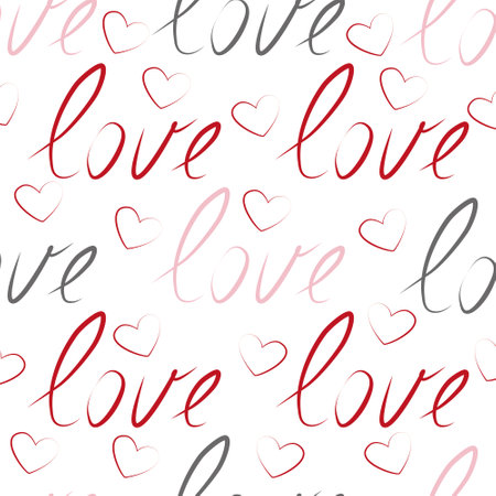 Vector seamless pattern with love word in red, white and black colours in pink backgroundのイラスト素材