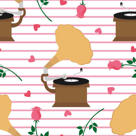 Valentines day seamless pattern with gramophone, roses and hearts. St Valentines background with vintage phonograph and rosesのイラスト素材