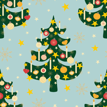 Vector seamless pattern with Christmas tree and snowflakes on blue backgroundのイラスト素材