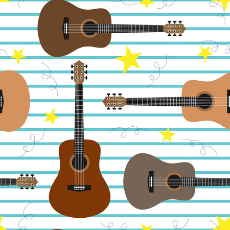 Vector seamless pattern with acoustic guitars and stars. Musical background with guitarsのイラスト素材