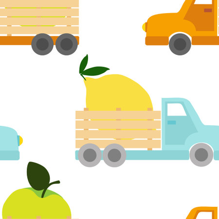 Seamless pattern with orange and blue trucks with apples and lemons. Fruit truck deliveryのイラスト素材