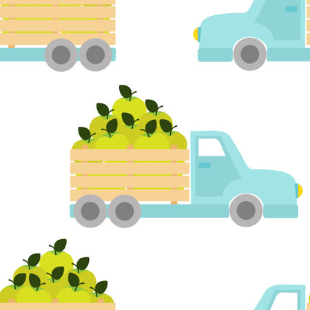Seamless pattern with blue trucks with green apples. Fruit truck deliveryのイラスト素材