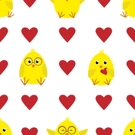 Valentines day seamless pattern with cartoon chicks and hearts. Valentines background with chickens and heartsのイラスト素材