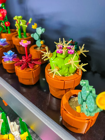 Prague, Czech Republic - April 22, 2024: Lego plastic blooming cactus and miniature plants The Botanical Collectionのeditorial素材