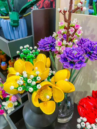 Prague, Czech Republic - April 22, 2024: Lego constructor plastic flowers The Botanical Collection in a vaseのeditorial素材