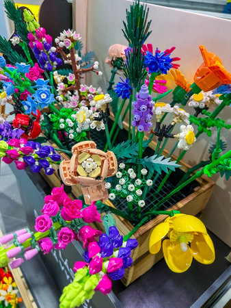 Prague, Czech Republic - April 22, 2024: Lego constructor colorful plastic flowers The Botanical Collection.のeditorial素材