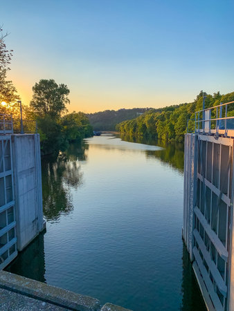 Prague, Czech Republic - June 2, 2021: Vltava river and the flood protection of Liben ports