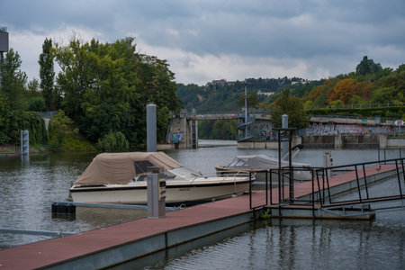 Prague, Czech Republic - September 16, 2024: Vltava river and the flood protection of Liben marinaのeditorial素材