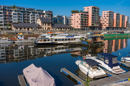 Prague, Czech Republic - September 20, 2024: Boats docked in Holesovice, after flood threatのeditorial素材