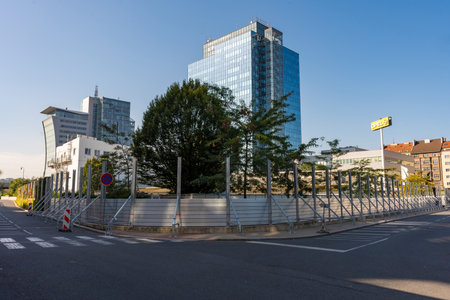 Prague, Czech Republic - September 20, 2024: Flood protection wall in Holesoviceのeditorial素材