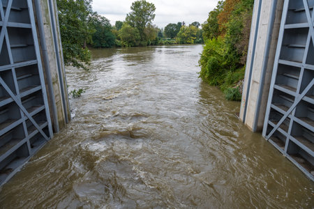 Prague, Czech Republic - September 16, 2024: Vltava river in the Thomayer Gardens during the floodのeditorial素材