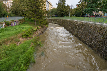 Prague, Czech Republic - September 16, 2024: Rokytka river in Palmovka district during the floodのeditorial素材