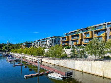 Prague, Czech Republic - July 29, 2024: Luxury residential apartment Marina Boulevard DOCK with a yacht berth.のeditorial素材
