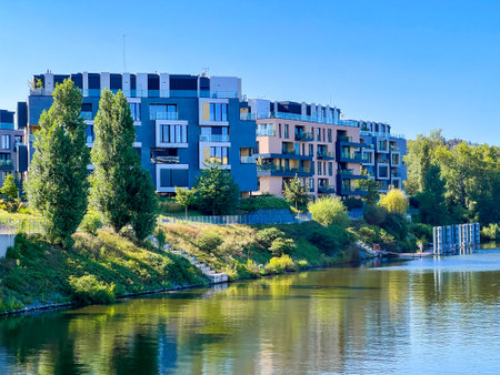Prague, Czech Republic - July 29, 2024: Luxury residential apartment DOCK River Watchのeditorial素材