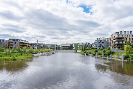 Prague, Czech Republic - June 11, 2024: Modern luxury residential apartment complex DOCK with marinaのeditorial素材
