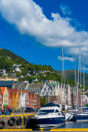 Bergen, Norway - July 9, 2024: Colorful wooden houses in Bergen on a sunny summer dayのeditorial素材