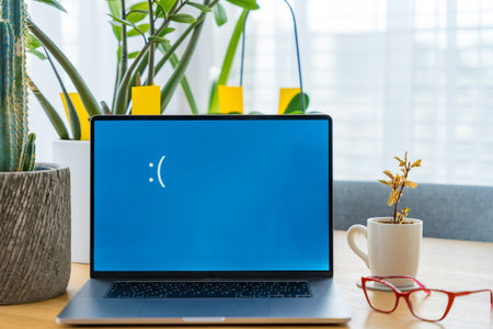 Sad laptop monitor with blue screen error on home office desk with decorative plants and red glassesの写真素材