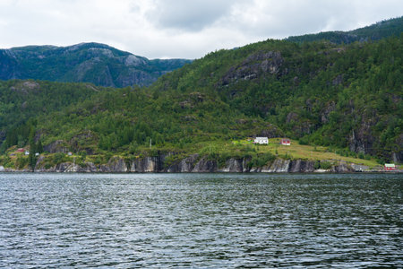 View from a cruise catamaran on the fjord in Bergenの写真素材
