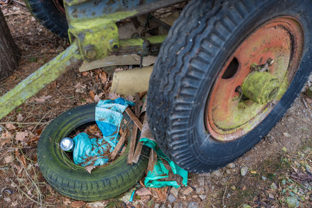 A discarded moss covered tire filled with litter, including plastic and cans, lies in a quiet forestの写真素材