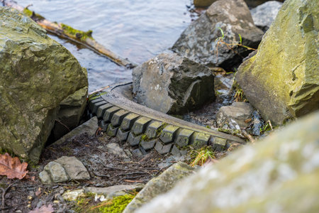 A discarded tire lies on the bank of the Vltava River under rocks in a quiet Czech forest.