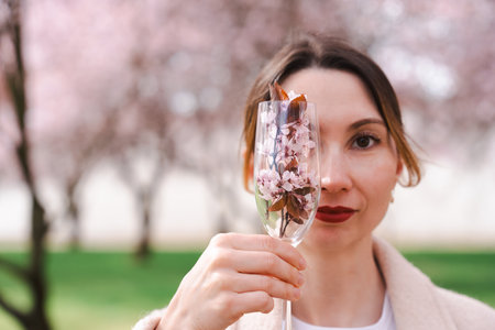 Woman holding champagne glass with cherry blossoms in Troja Garden, Prague, Czech Republicの写真素材