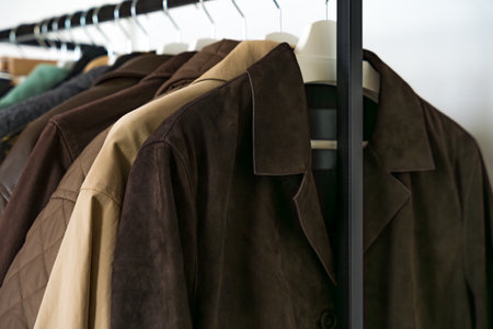 Stylish brown and beige suede coats hanging on a modern clothing rack in a fashion-forward wardrobe.の写真素材