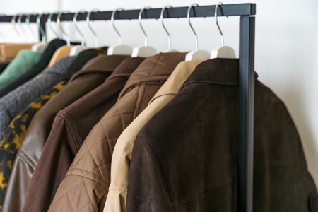 Stylish brown and beige suede coats hanging on a modern clothing rack, in a fashion-forward wardrobe
