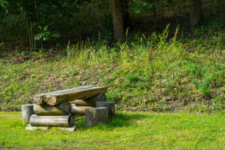 Rustic wooden picnic table in nature surrounded by greeneryの写真素材