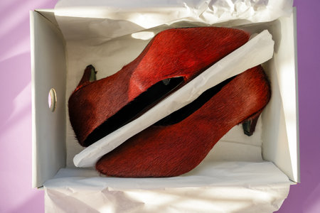 Burgundy fur-textured heels in a box with tissue paper, luxury fashion footwear unboxingの写真素材