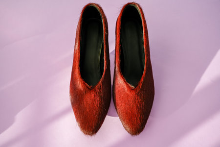 Burgundy fur-textured leather heels with a small heel on a lilac background, fashion footwear.の写真素材