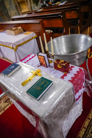 Close-up of a table used for preparing for baptism in an Orthodox church