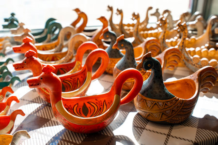 Handcrafted wooden souvenirs in sunlight on display in Bergen Norway cultural gift shopの写真素材