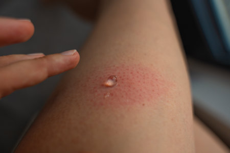 Applying gel to swollen red wasp sting on woman leg with allergic skin reaction