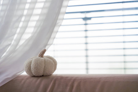 White soft fabric pumpkin on pastel sofa with flowing curtain and blurred window blinds in autumnの写真素材