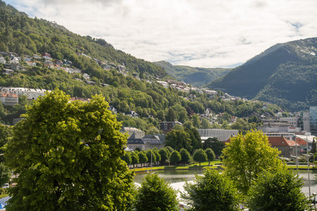 Bergen, Norway - July 7, 2024: Scenic view of residential hillside and cityscape under summerのeditorial素材