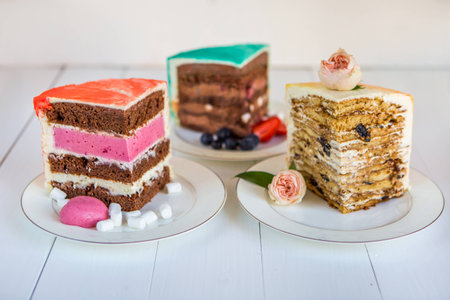 Assorted multi-colored pieces of cake on a plate on a white wooden tableの写真素材