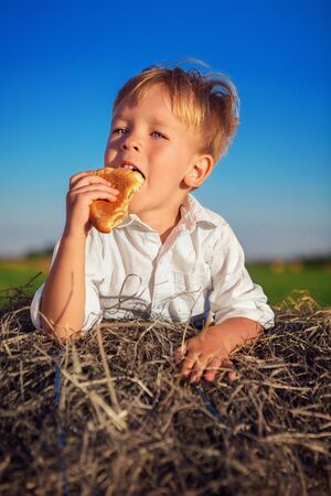 The boy lies on a haystack and eats a pie with pleasureの写真素材