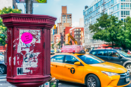 NEW YORK CITY, USA: Buildings and street traffic on the Broadway.It is the oldest northâsouth main thoroughfare in New York City, dating to the first New Amsterdam settlement.のeditorial素材