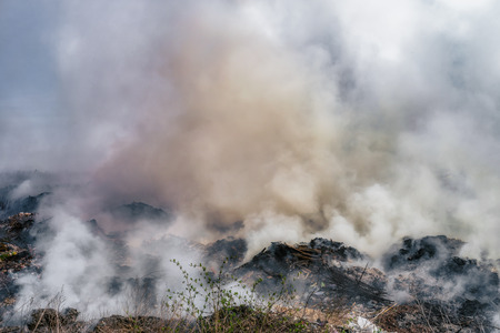 Fire at landfill with white smoke in sunny weather and clouded sky.の写真素材