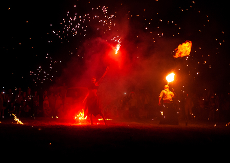 POLTAVA, UKRAINE - JULY 06, 2018: fire show on the open air meeting celebrating old christian...
