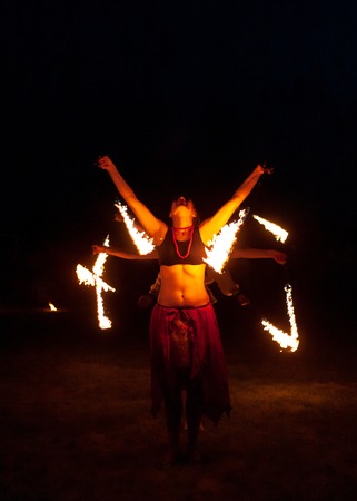 POLTAVA, UKRAINE - JULY 06, 2018: fire show on the open air meeting celebrating old christian traditionのeditorial素材