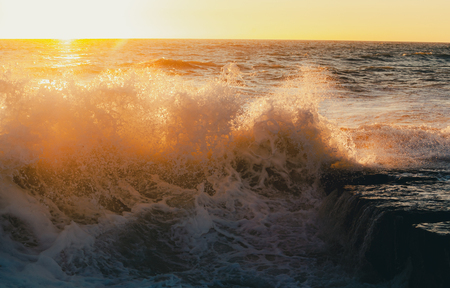 Monstrous sea storm waves in sunset warm raysの写真素材
