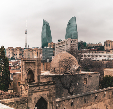 BAKU, AZERBAIJAN - FEBRUARY 2, 2019: Evening view on Flame Towers building in Baku, Azerbaijan
