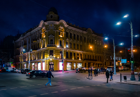 ODESA, UKRAINE - MARCH 05, 2019: evening street view on buildings, cars and peopleのeditorial素材
