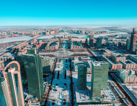 ASTANA, KAZAKHSTAN : aerial view on the center of the city near The Baiterek Tower at winterのeditorial素材