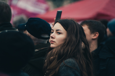 POLTAVA, UKRAINE - MARCH 16, 2019: locals gathering on meeting before president elections in Ukraineのeditorial素材