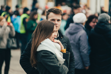 POLTAVA, UKRAINE - MARCH 16, 2019: locals gathering on meeting before president elections in Ukraineのeditorial素材