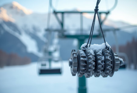 Ski lift in the mountains on a sunny winter day. Selective focus.の写真素材