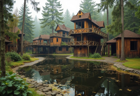 A cluster of rustic wooden cabins is nestled beside a serene pond, enveloped in fog and accompanied...