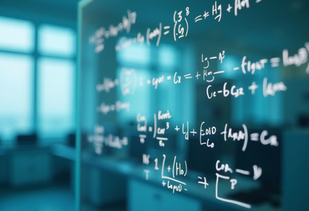 Mathematical equations written on a glass whiteboard in a bright office space during daytime